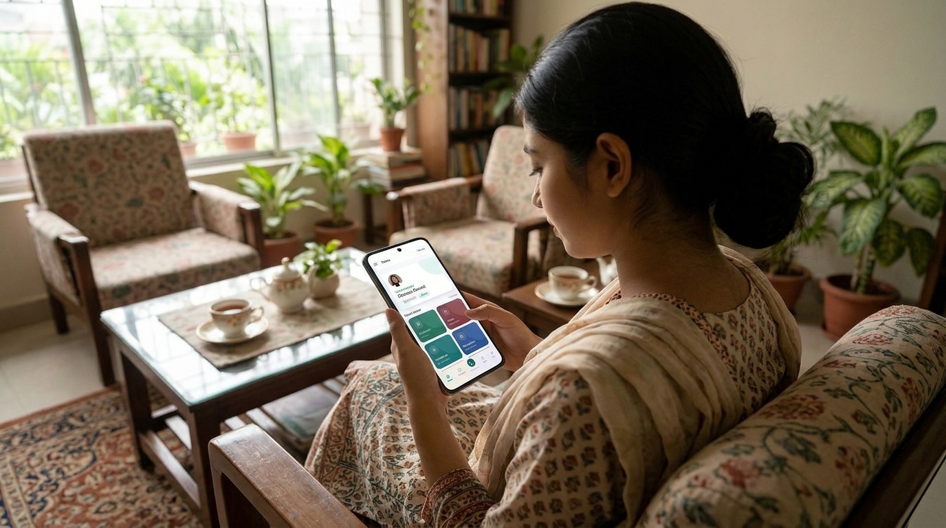 Caregiver talking warmly with elderly patients in a bright care room